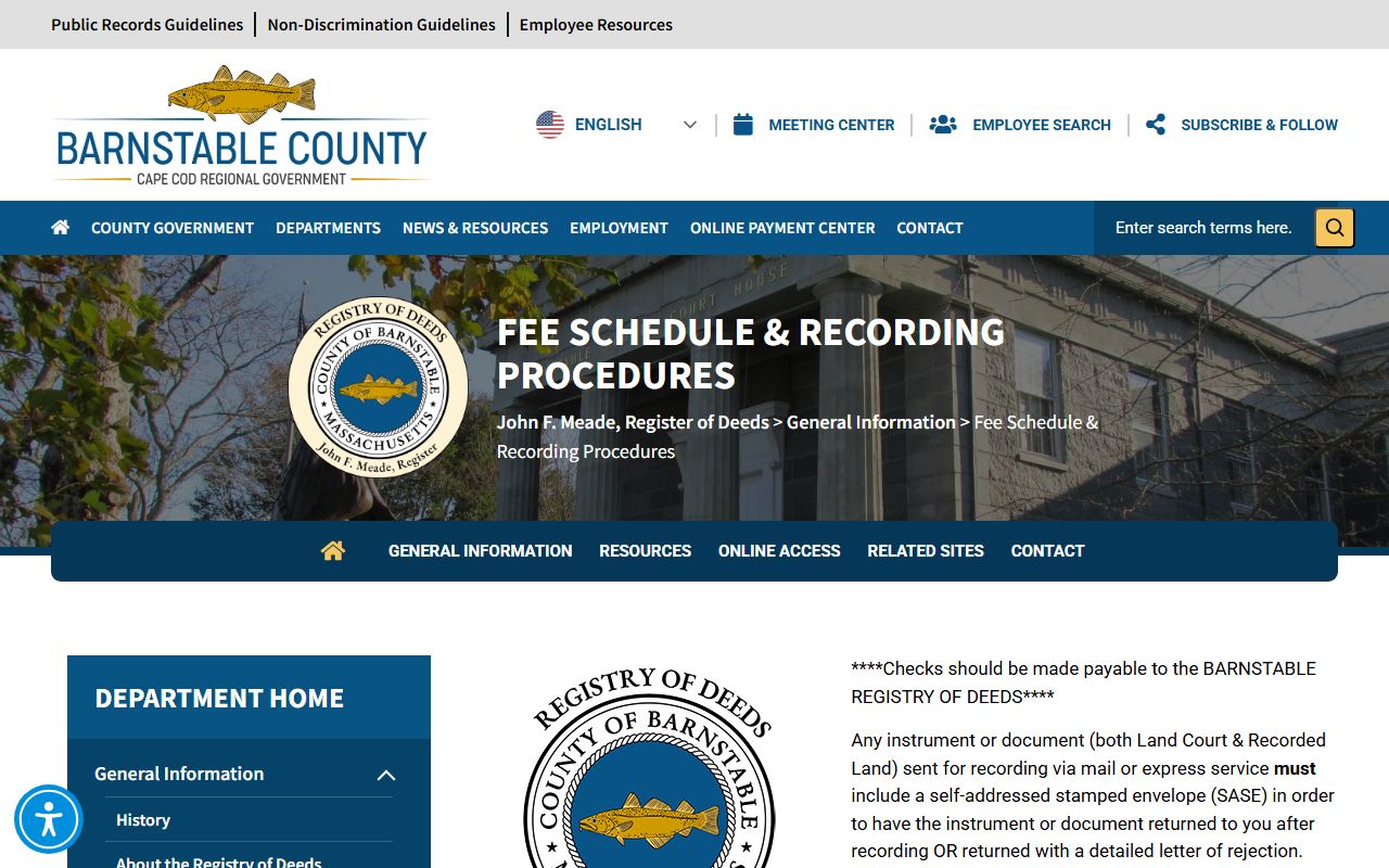 Barnstable County Registry of Deeds fee schedule for recording deed records on Cape Cod