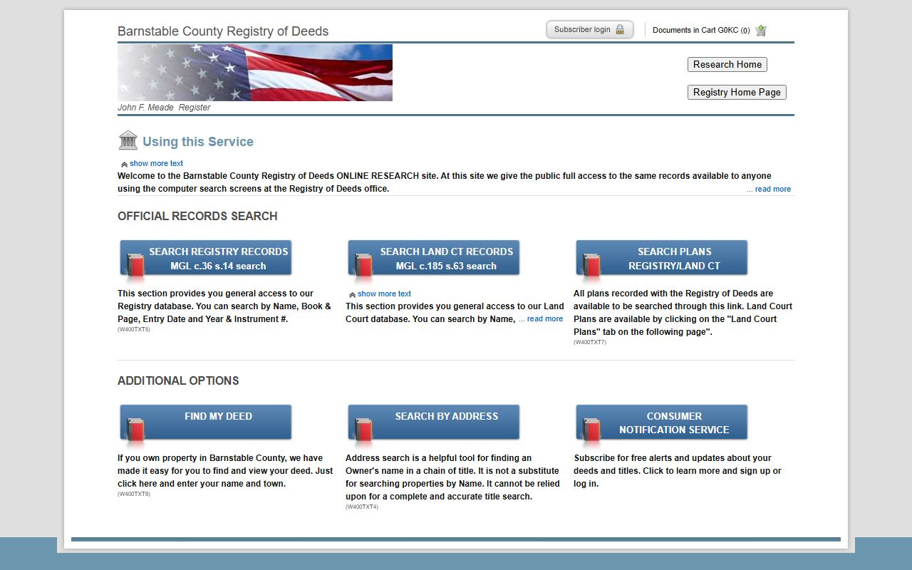Barnstable County Registry of Deeds online search portal for Cape Cod deed records