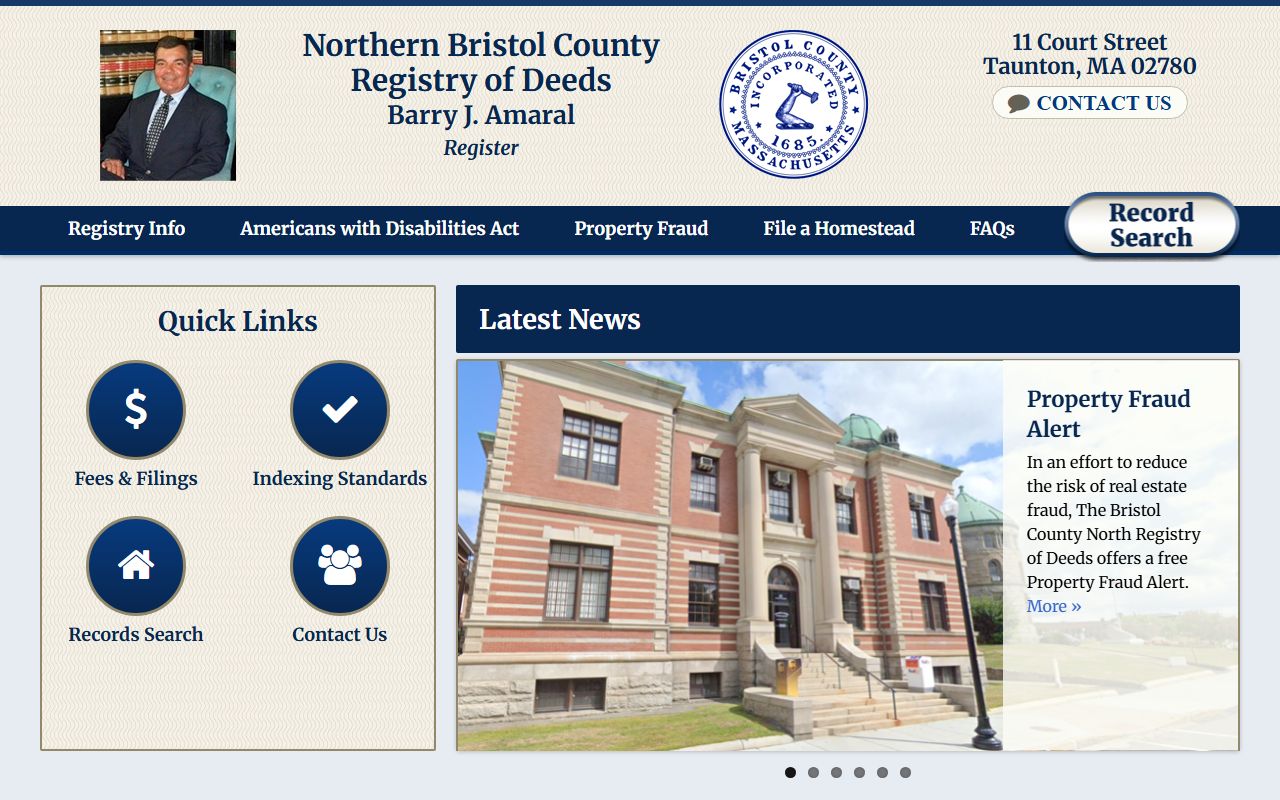 Bristol County North Registry of Deeds homepage at tauntondeeds.com showing deed search tools