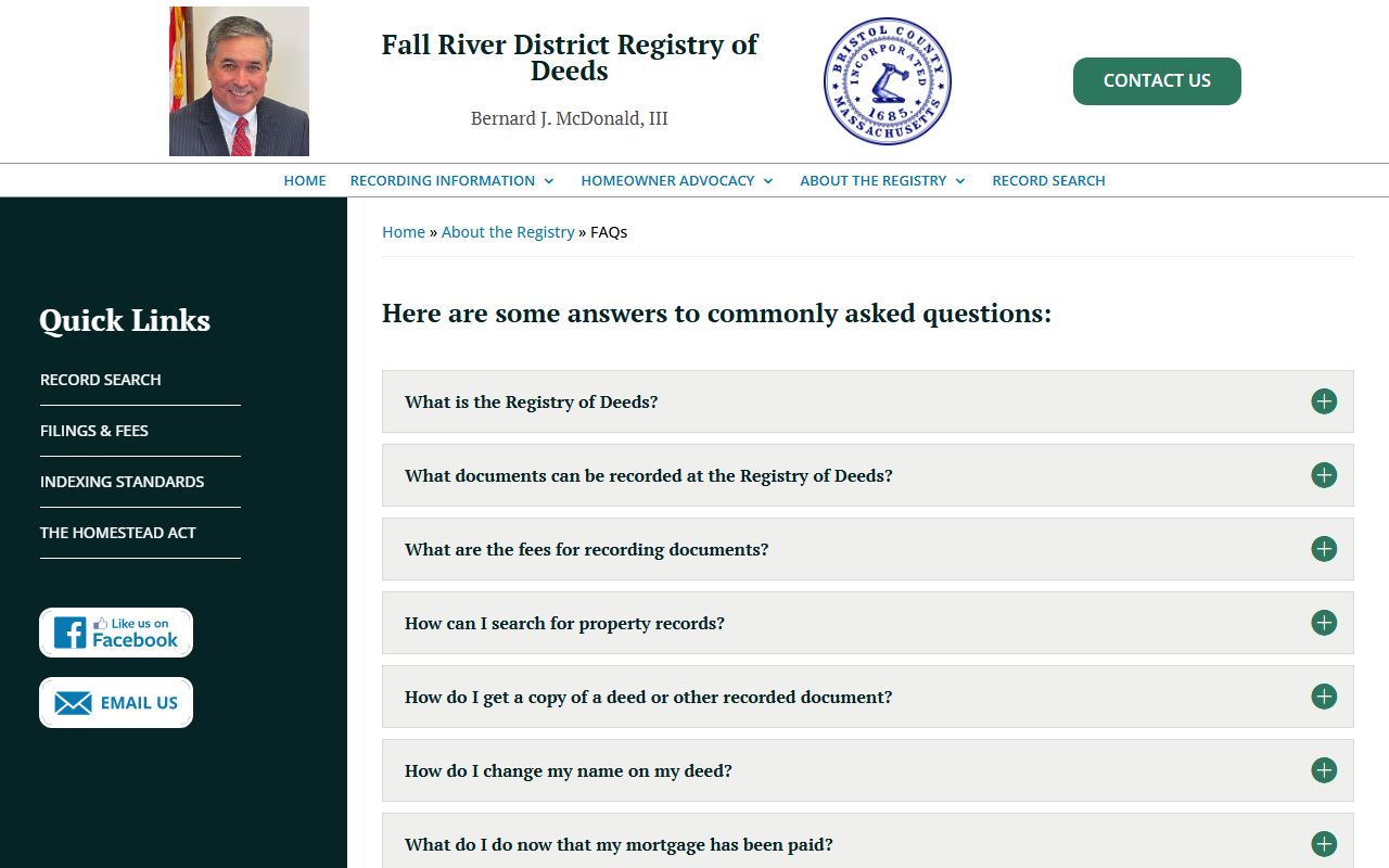 Bristol County Fall River Registry of Deeds FAQ page with recording and deed information