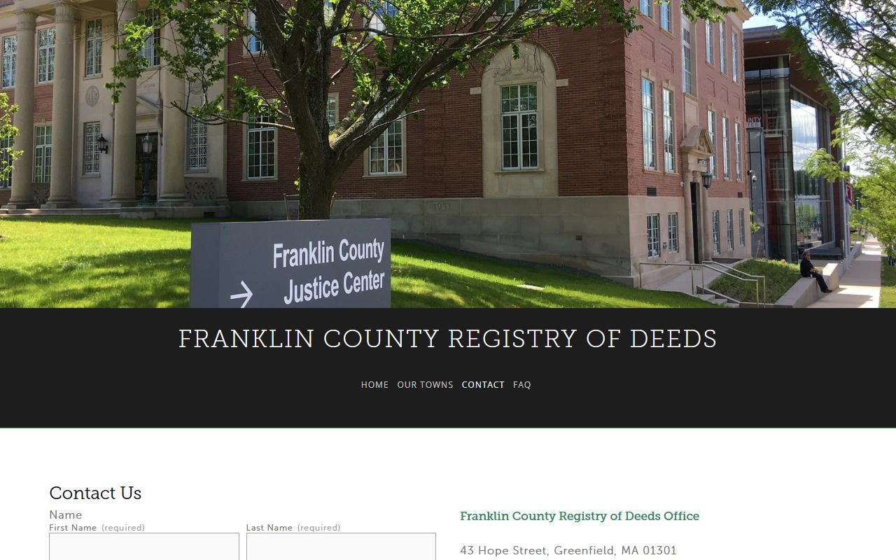 Franklin County Registry of Deeds contact page showing office address and hours