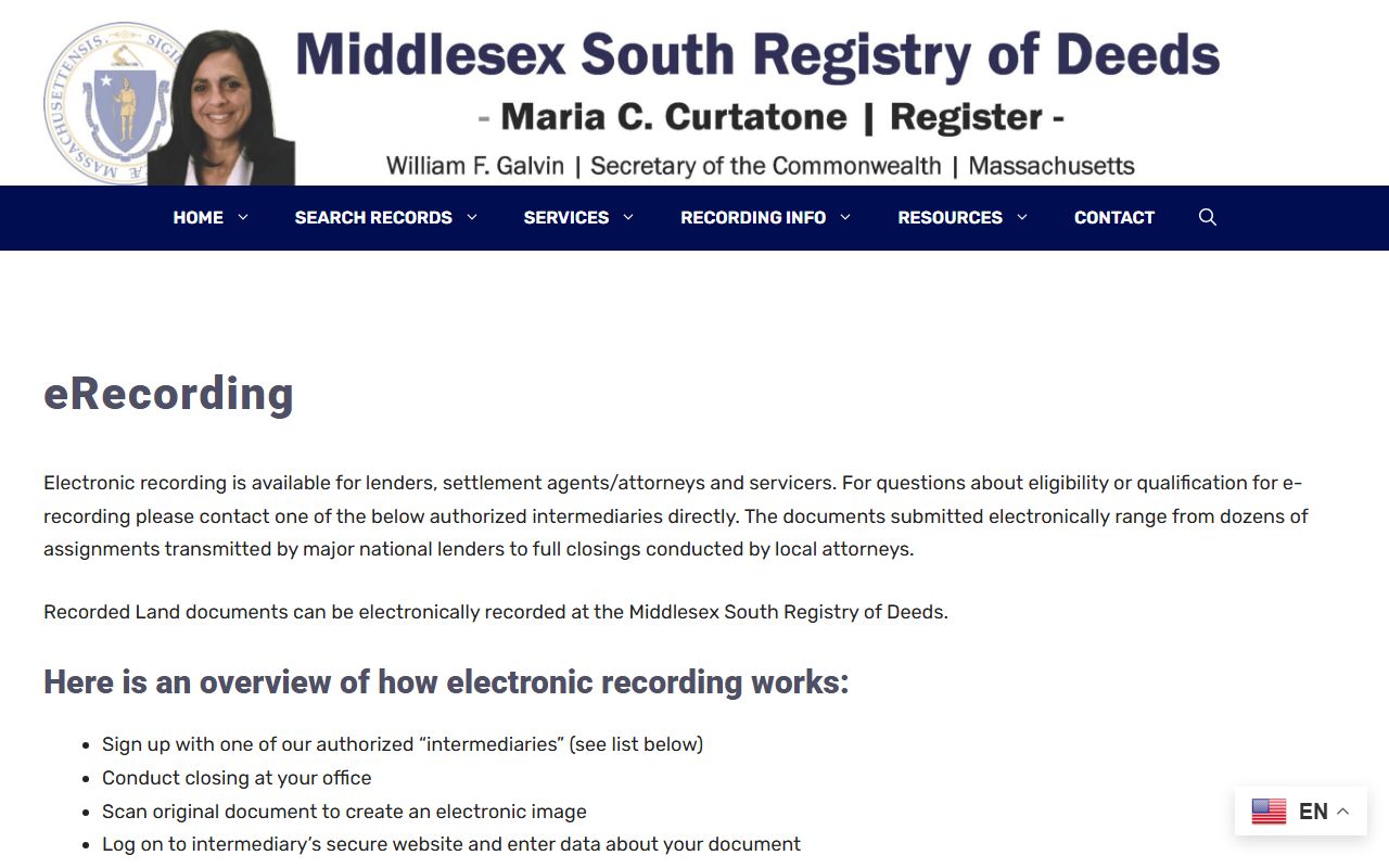 Massachusetts e-recording information for deed documents at Middlesex South Registry